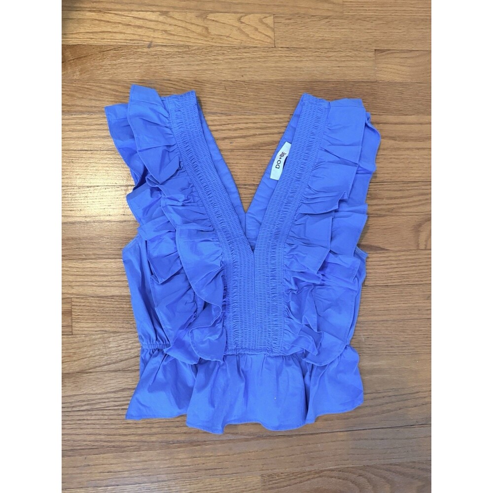 DO+BE Blue Solid Ruffle V-Neck Sleeveless Pullover Top Size L